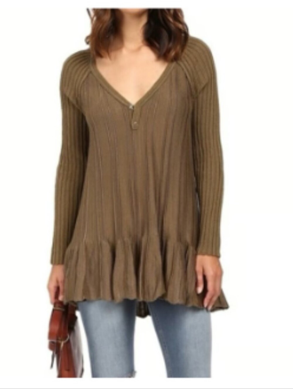 Free People Ribs and Ruffles Army Green Knit Tunic Size Medium